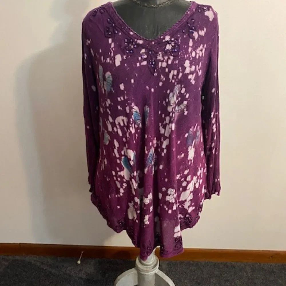 Greater Good Butterfly Purple Periwinkle Blue Tye Die Beaded tunic, size L/XL